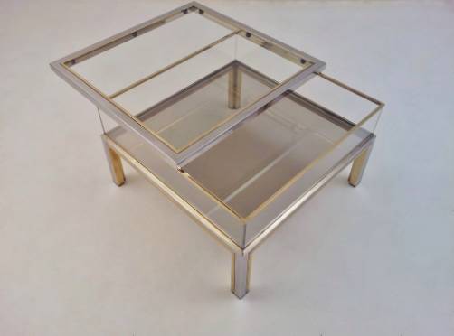 Romeo Rega signed vintage coffee table sliding top display, brass & chrome, 1970`s ca, Italian 